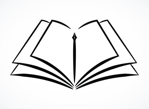 Contour symbol of opened book and pen, vector