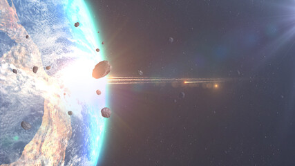 3d rendering, Asteroids Meteors and rocks Impact Earth Atmosphere