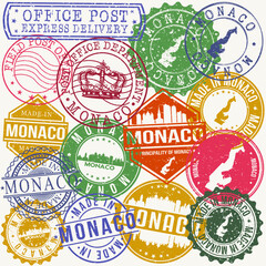 Monaco City. Set of Stamps. Travel Stamp. Made In Product. Design Seals Old Style Insignia.