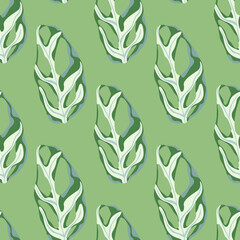 Simple pastel seamless pattern with monstera ornament. Green background. Simple artwork with white and blue colored botanic print.