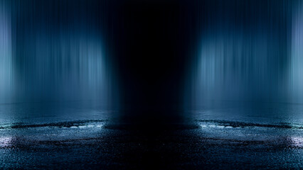 Fototapeta premium Dark street, wet asphalt, reflections of rays in the water. Abstract dark blue background, smoke, smog. Empty dark scene, neon light, spotlights. Concrete floor