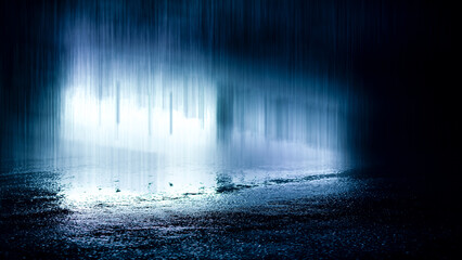Dark street, wet asphalt, reflections of rays in the water. Abstract dark blue background, smoke, smog. Empty dark scene, neon light, spotlights. Concrete floor