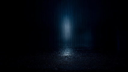 Fototapeta premium Dark street, wet asphalt, reflections of rays in the water. Abstract dark blue background, smoke, smog. Empty dark scene, neon light, spotlights. Concrete floor