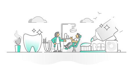 Dentistry and stomatology as tooth health medicine monocolor outline concept