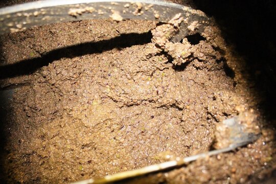 Olive paste in malaxation tank during extra virgin olive oil extraction process in olive oil mill located in the outskirts of Athens in Attica, Greece.