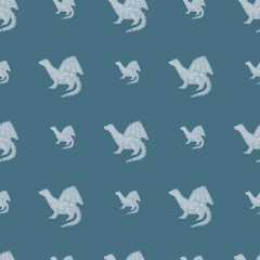 Minimalistic seamless pattern with dragon silhouettes. Pastel turquoise print. Magic animal artwork.