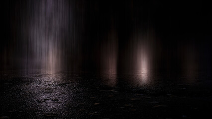 Fototapeta premium Dark street, wet asphalt, reflections of rays in the water. Abstract dark blue background, smoke, smog. Empty dark scene, neon light, spotlights. Concrete floor