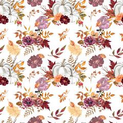 Watercolor autumn pumpkin seamless pattern. Fall print with white pumpkins, orange and burgundy flowers, dry leaves and berries on white background. Colorful botanical designer paper in rustic style.