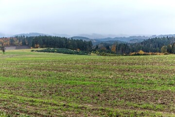 Autumn time in Czech Republic. Foggy weather in the countryside. Autumn landscape after the rain. Damp autumn.