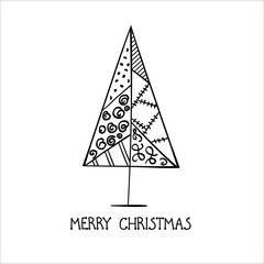 Christmas tree. Vector illustration in doodle style. Isolated object on a white background. New Year elements design  for  winter holidays, children books, coloring,poster, greeting card.