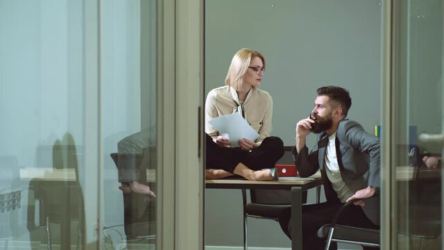 Young boss seduces female employee. Abuse of work status. Women empowerment, feminism concept. secretary and boss. Work romance.