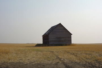 Old abandoned grain house in field 