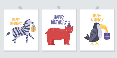 Greeting cards with animals. Happy Birthday. Greeting card with a zebra. Greeting card with a bear. Postcard with an African bird. Vector illustration on a white background.