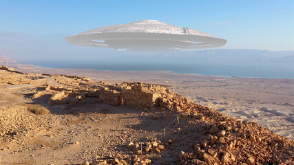 3d rendering, Large alien ufo saucer over sea and desert mountains-Aerial © ImageBank4U