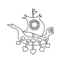 Beautiful hand-drawn black vector illustration of one toy boat with sails isolated on a white background for coloring book for children