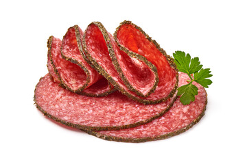 Sliced Salami with spices, isolated on white background