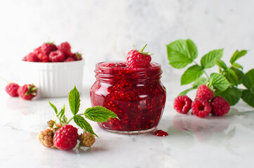 Homemade jam made from ground raspberries and sugar