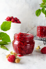 Homemade jam made from ground raspberries and sugar