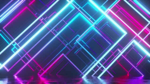 Movement of glass neon blocks. Modern ultraviolet lighting. Blue purple light spectrum. Seamless loop 3d render