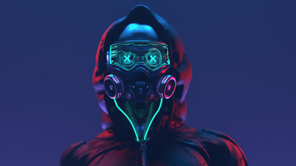 Fashion cyberpunk girl in leather black hoodie jacket wears gas mask with protective glasses and filters, glowing green wires. Colorful 3d illustration of sci-fi human skull with a cross in the eyes. - obrazy, fototapety, plakaty