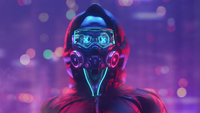 Fashion cyberpunk girl in leather hoodie jacket wears gas mask with protective glasses, filters. Colorful 3d render of human skull with cross in eyes, glowing green wires on night light bokeh in city.