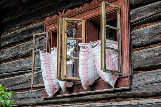 Pillows in the window, Orava village, Slovakia