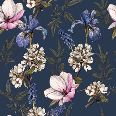 Floral seamless pattern with watercolor irises, magnolia, cherry blossom and muscari. - 388577806