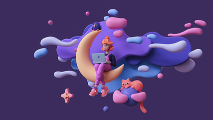 Obraz na płótnie Canvas Red-haired happy writer girl in glasses, pink pants works on a laptop and sits on the moon late at night in space with floating blue purple clouds, stars, a cat, an owl. 3d render in minimal art style