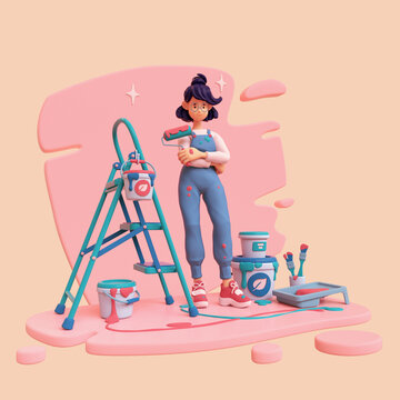 3d illustration of happy cute lady painter in blue work overalls holds a roller with ecological paint in her hand. Objects for renovation, green step ladder, paint buckets, brushes in jar, roller tray