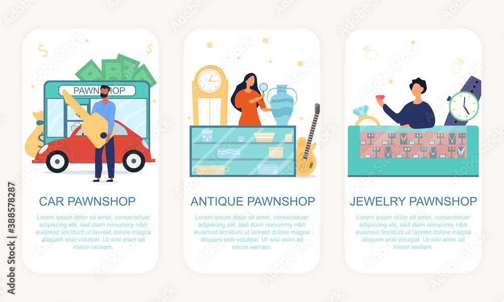 Poster pawnshop mobile app onboarding screens. menu banner vector template for website and application deve