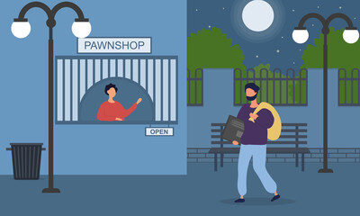 Pawnshop criminal practice composition with thief bringing stolen items to pawnbroker for sale. Vector illustration