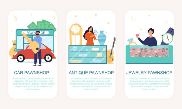 Pawnshop Mobile App Onboarding Screens. Menu Banner Vector Template For Website And Application Development. Pawnshop Or Pawnbroker Offering Collateral Loans In Exchange For Car, Jewelry And Antiques.