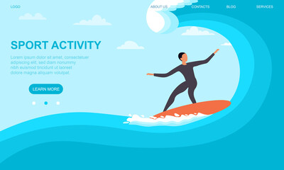Young sportswoman surfing in sea or ocean. Sport activity concept. Internet and mobile website. Landing page or web page template. Easy to edit and customize. Flat cartoon vector illustration - obrazy, fototapety, plakaty
