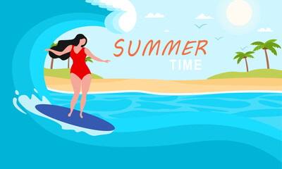 Obraz na płótnie Canvas Young sportswoman surfing in sea or ocean. Sport activity concept. Internet and mobile website. Landing page or web page template. Easy to edit and customize. Flat cartoon vector illustration