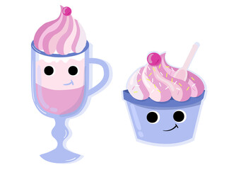 Set of cute characters in kawaii style isolated on white background. Coffee cup and icecream with smiling faces vector illustration.