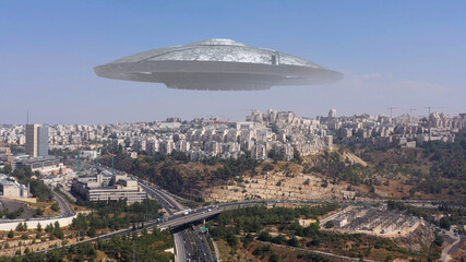 3d rendering, Ufo flying saucer over Jerusalem- Aerial view © ImageBank4U