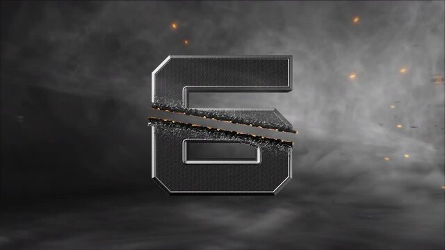 Dramatic ten second countdown 4k animation-metal steel
style with crossfire blast-fog in background.