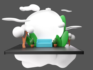 3D cartoon model scene of sofa with landscape of  tree, cloud and white copy space, 3d rendering, 3d illustration