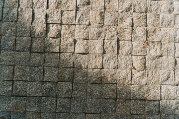 Grey stone pavement texture. Paving stones with yellow autumn leaves