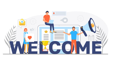 Fototapeta na wymiar Welcome concept flat vector foe website. Happy tiny people are near huge text. Cartoon office teamwork and are greeting clients in online office, shop