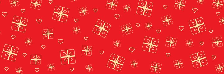 new year red background, gifts boxes, view from above. red background