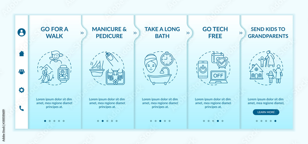 Aufkleber me time ideas onboarding vector template. turn off all phones and computers. send kids to grandparen