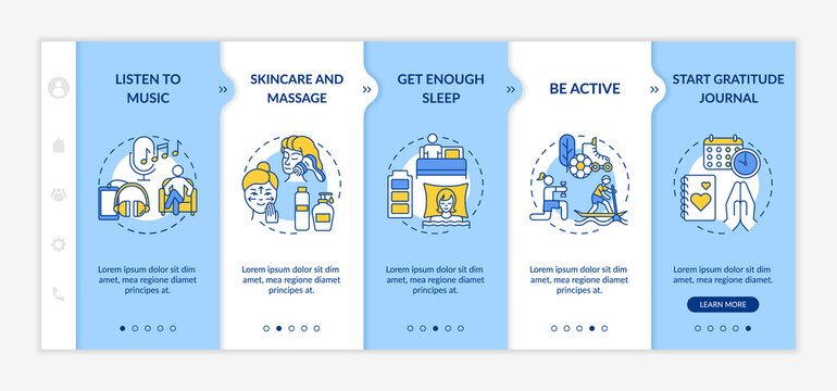 Self care practices onboarding vector template. Listen to favourite music. Skincare and massage. Responsive mobile website with icons. Webpage walkthrough step screens. RGB color concept