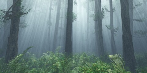 Trees in the fog. The smoke in the forest in the morning. A misty morning among the trees. 3D rendering	