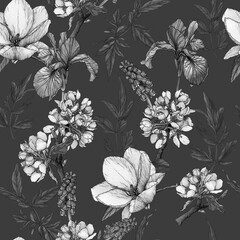 Monochrome Floral seamless pattern with watercolor irises, magnolia, cherry blossom and muscari. - 388582069