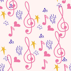 Treble clef, notes, heart, stars, abstract elements seamless pattern in pink, blue pastel colors. Music backdrop