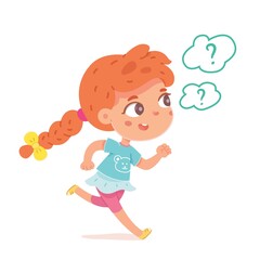 Little girl playing hide and seek, searching friends. Happy girl running at home vector illustration. Kid with bubbles with questions on white background. Fun childhood game and cheerful pastime