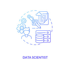 Data Scientist concept icon. Checking lots of incoming data. Analysing of huge amount of information. Careers in AI idea thin line illustration. Vector isolated outline RGB color drawing