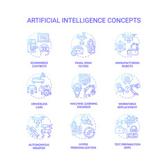Artificial intelligence concept icons set. Autonomous weapon. Hyper personalization. Test preparation apps. Future technologies idea thin line RGB color illustrations. Vector isolated outline drawings