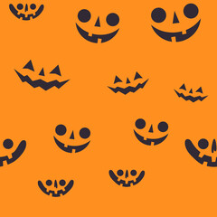 Halloween pumpkin faces seamless pattern. Carved pumpkins texture background.